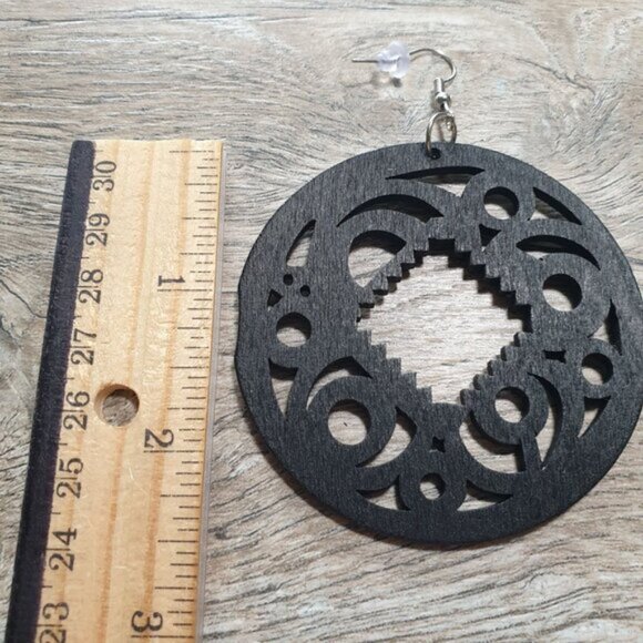 Large Round Black Laser Cut Wooden Earrings Women Gift Hook African Inspired - Picture 4 of 4